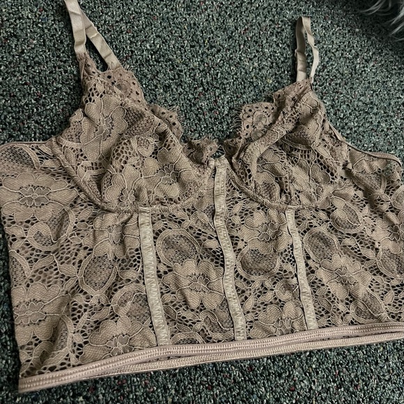 Nude Taupe Brown Tan Lace Structured Bustier Bra Corset Top Sexy Stretch Shirt S - Picture 13 of 16